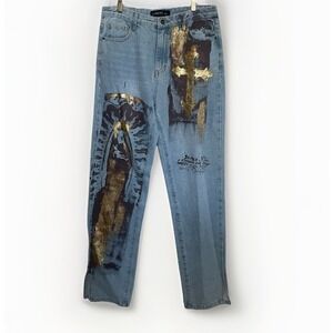 Lioness Hand Painted Jeans Straight Leg Bootcut L Religious Madonna Hip Hop Art